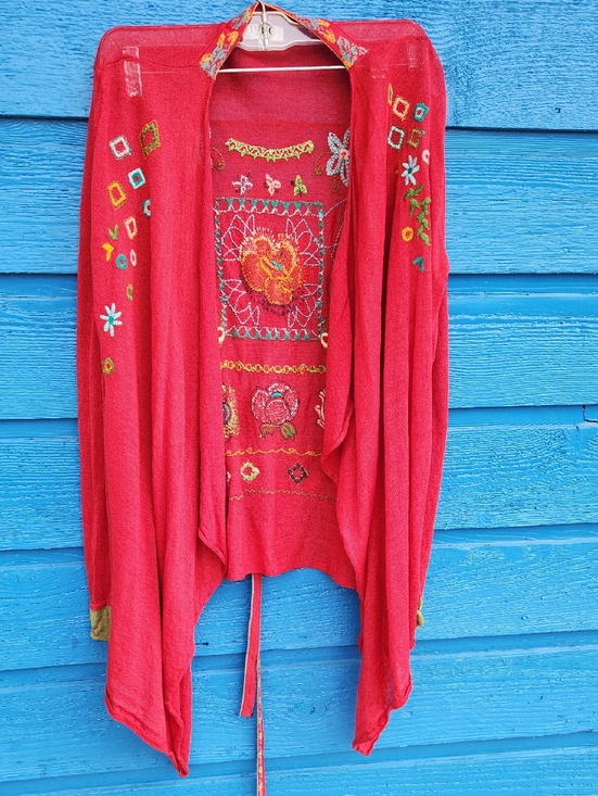 ivko woman Sweaters - Red Embroidered Open-Front Women's Cardigan Sweater
